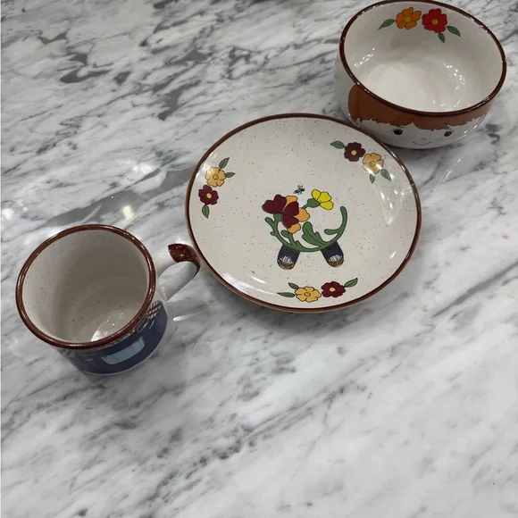 Vintage 1970s Fred Roberts Ceramic Farmer Boy Bowl, Mug, and Saucer Set - Picture 2 of 8